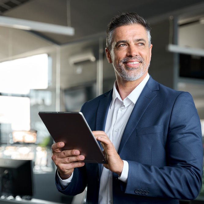 Happy middle aged business man ceo wearing suit standing in office
