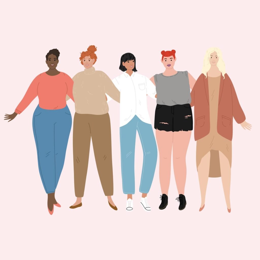 Diverse international and interracial group of standing women.