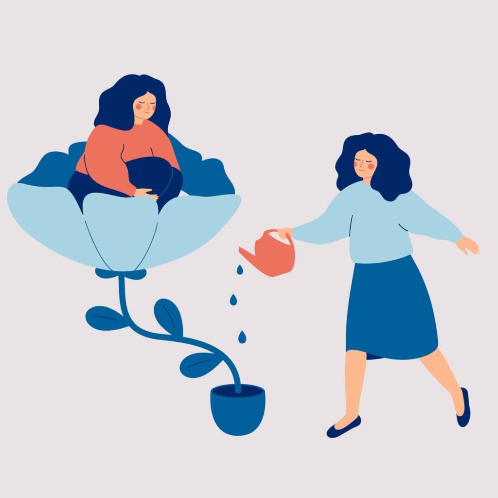 Woman watering and growth flower in which happy girl sits - illustration