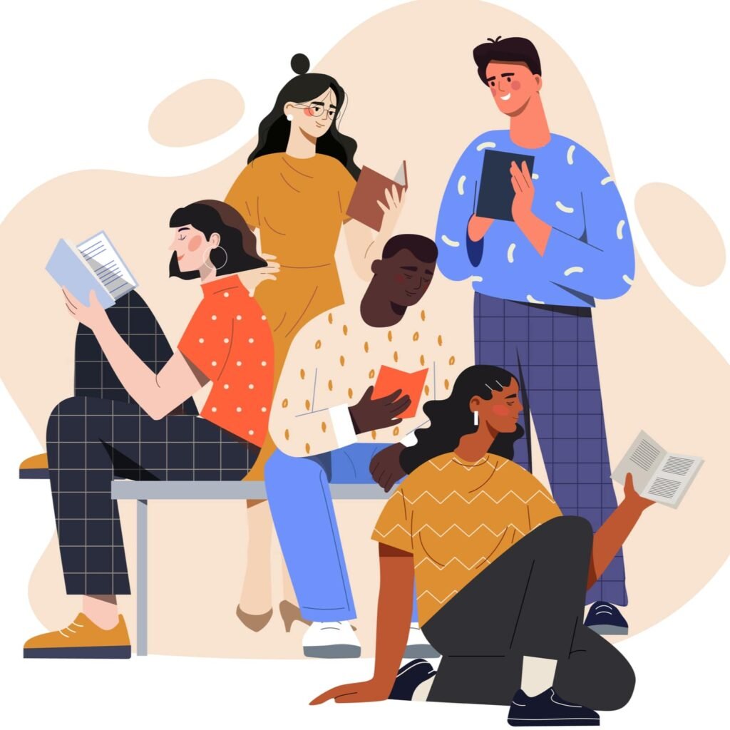 Young people reading books together