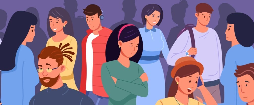 Sad teen girl behind parties people, social depression, mental burnout and anxiety face