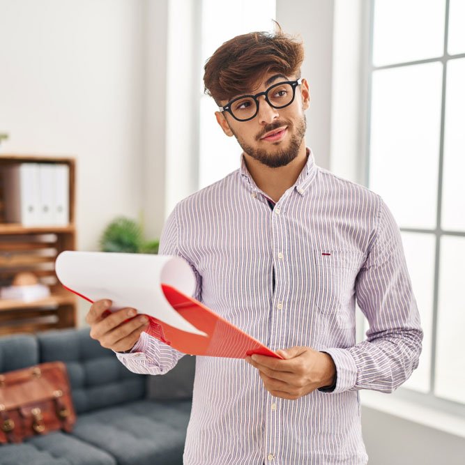 Young arab man psychologist reading document at psychology center