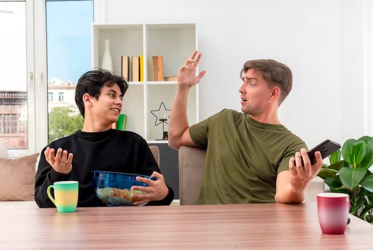 surprised young blonde handsome man holds phone raises hand sitting table looking each other with pleased young brunette handsome guy holding bowl chips inside living room 141793 67670 Uncover Mental Health Counseling