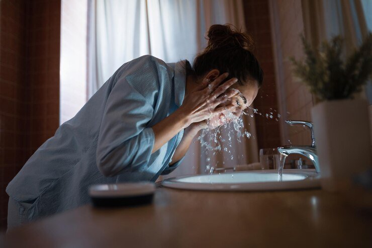 Young woman washing her face in the bathroom.