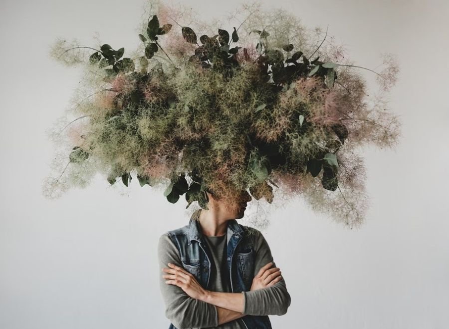 emotional dysregulation - decorative bouquet made of green leaves and moss hangs over man's head